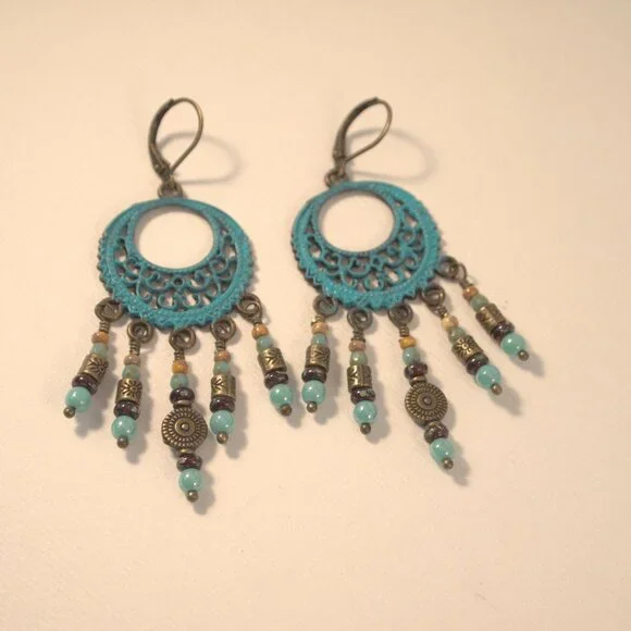 Handmade Southwestern Turquoise Chandelier Earrings Pierced or Clip-on earrings - Picture 3 of 7